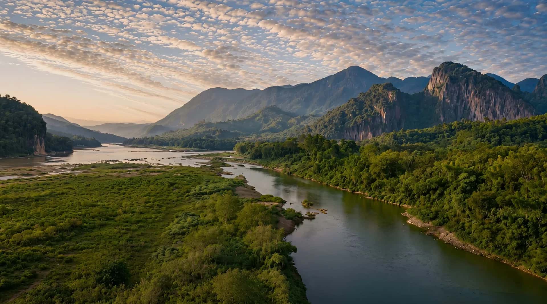 Aerial view of the Mekong river winding between forested mountains at dawn